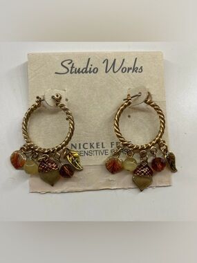 Studio Works Gold-Tone Twisted Hoop Earrings with Leaf, Acorn & Bead Charms